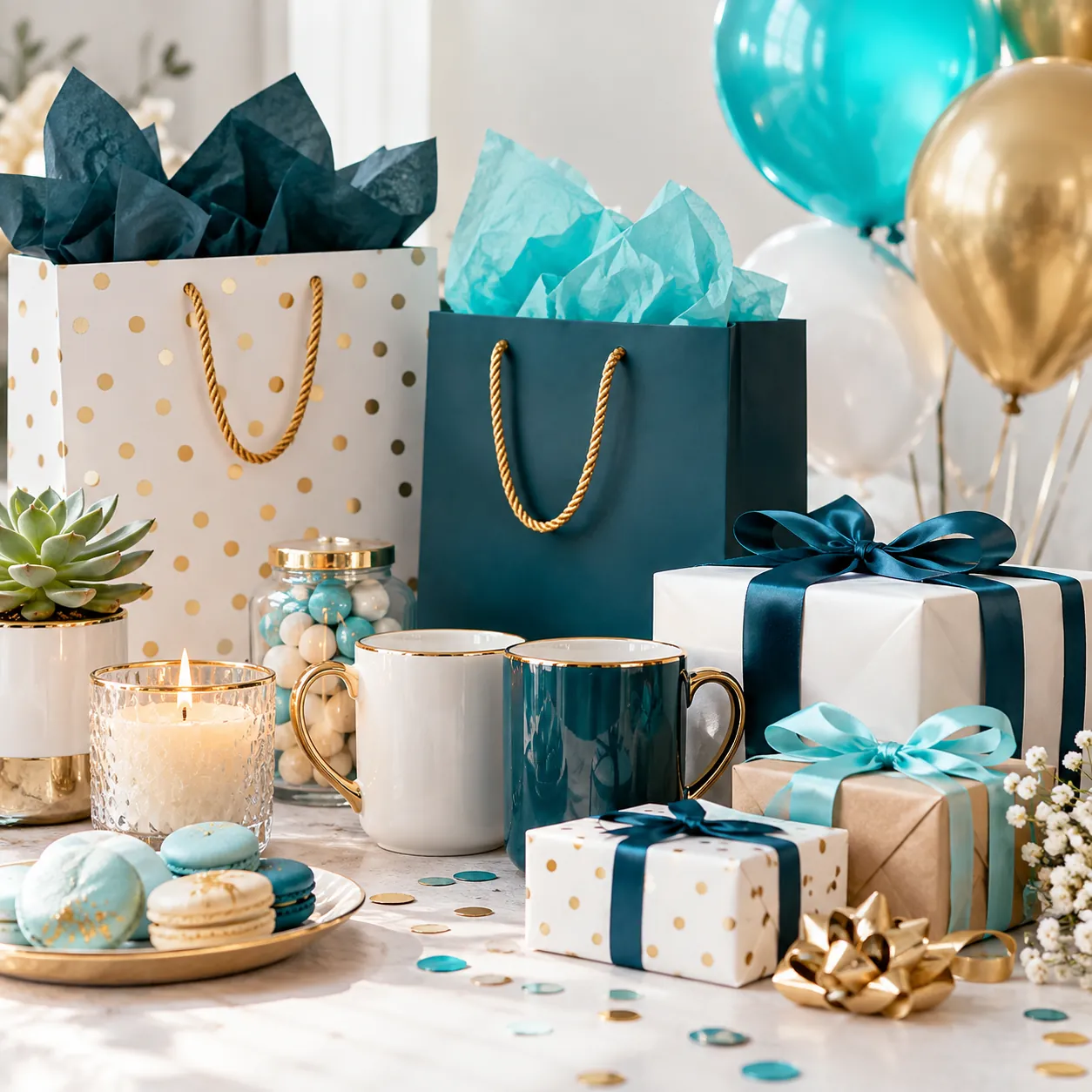 Bolsas de regalo, tazas con borde dorado, vela aromática y cajas con moño de raso
