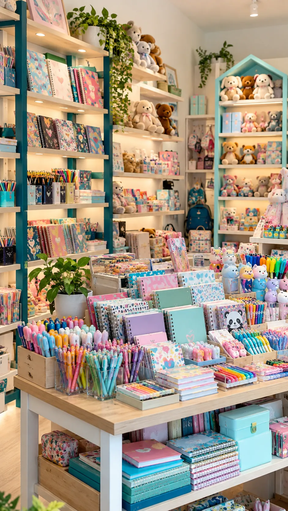 Mesa del local con cuadernos estampados, lapiceras de colores y estantes con peluches